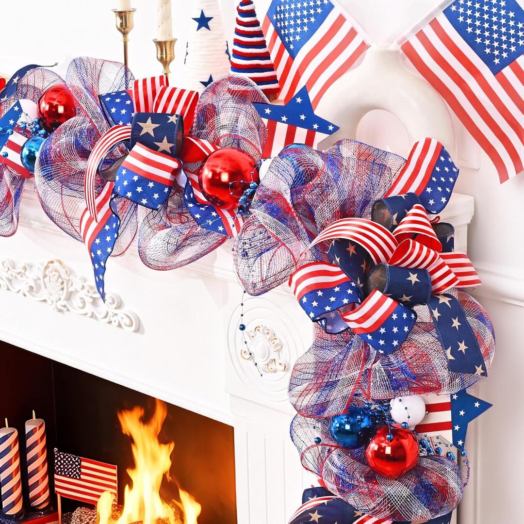 Waipfaru 6ft 4th of July Decorations Mesh Garland with Red White & Blue Balls and Wooden Star, 250th Anniversary Patriotic Garland for Independence Day Memorial Day Decorations