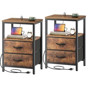 Huuger Nightstands Set of 2, End Tables with Charging Station, Fabric Drawers, Bedside Tables with USB Ports and Outlets, Night Stands for Bedroom, Rustic Brown