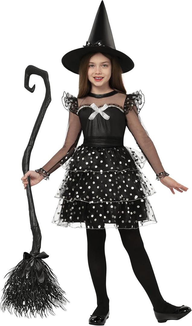 Spooktacular Creations Kids Witch Costume, Halloween Costume Witch Dress with Broom Hat Tights for Girls Glittery for Halloween Role Play Parties, Black (Medium(8-10 yrs)) (M)