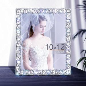 10x12 Wood Bling Picture Frame for Hanging Wall Decor,Photo Frame Display Pictures 7x9 with Mat or 10x12 Without Mat,Glitter Sparkle Different Glass Diamond lace Picture Frame (White)