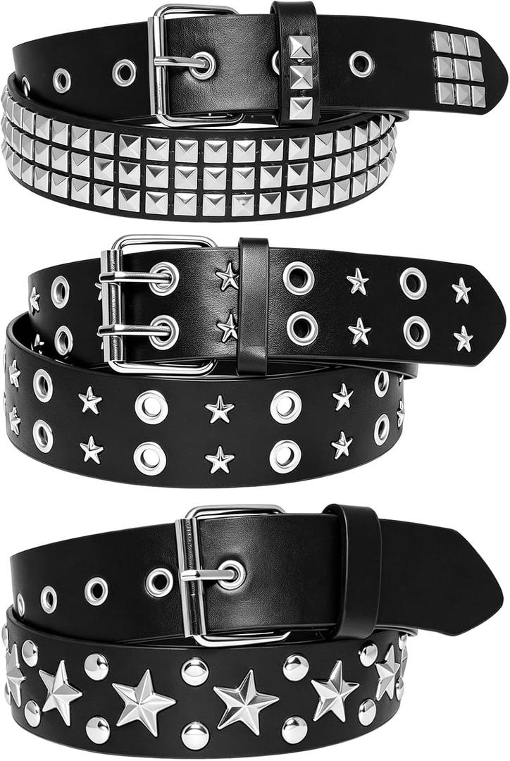 3 Pcs Y2K Studded Belt Punk Goth Belts with Metal Pyramid for Women (Black)