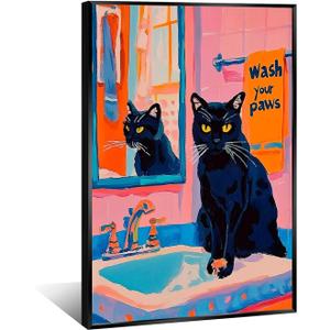 Funny Black Cat Canvas Wall Art Wash Your Little Paws Trendy Cat Painting Picture Wall Decor Colorful Cute Cat Poster Print Artwork for Living Room Bedroom Toilet Bathroom Home Decoration