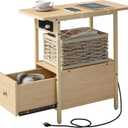 LIDYUK End Table with Charging Station, Narrow Side Table with Drawer and USB Ports & Power Outlets, Nightstand Bedside Tables for Small Spaces, Bedroom, Living Room, Natural (Pack of 1)