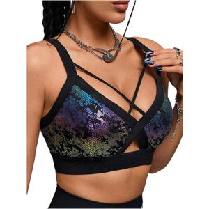 OYOANGLE Women's Metallic Printed Sports Bra Criss Cross Workout Padded Medium Support Running Bras Gym Crop Tops (Black, M)