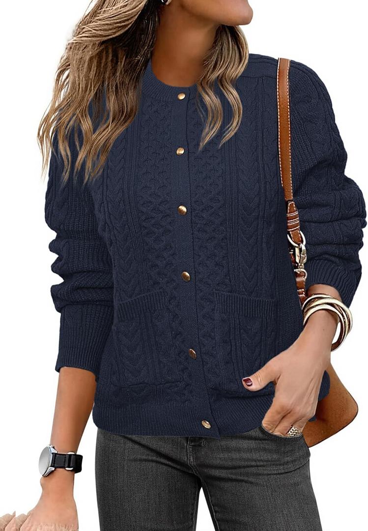 Glamaker Cable Knit Chunky Cardigan Sweater Long Sleeve Crew Neck Button Down Knit Fall Sweaters Trendy Outfits (Small, Navy Blue)