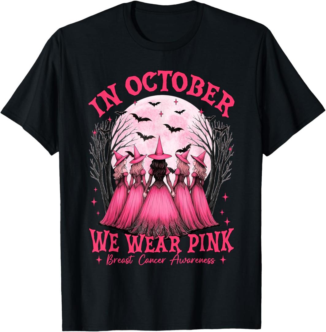 in October We Wear Pink Witch Breast Cancer Awareness Girl T-Shirt, Size: Small
