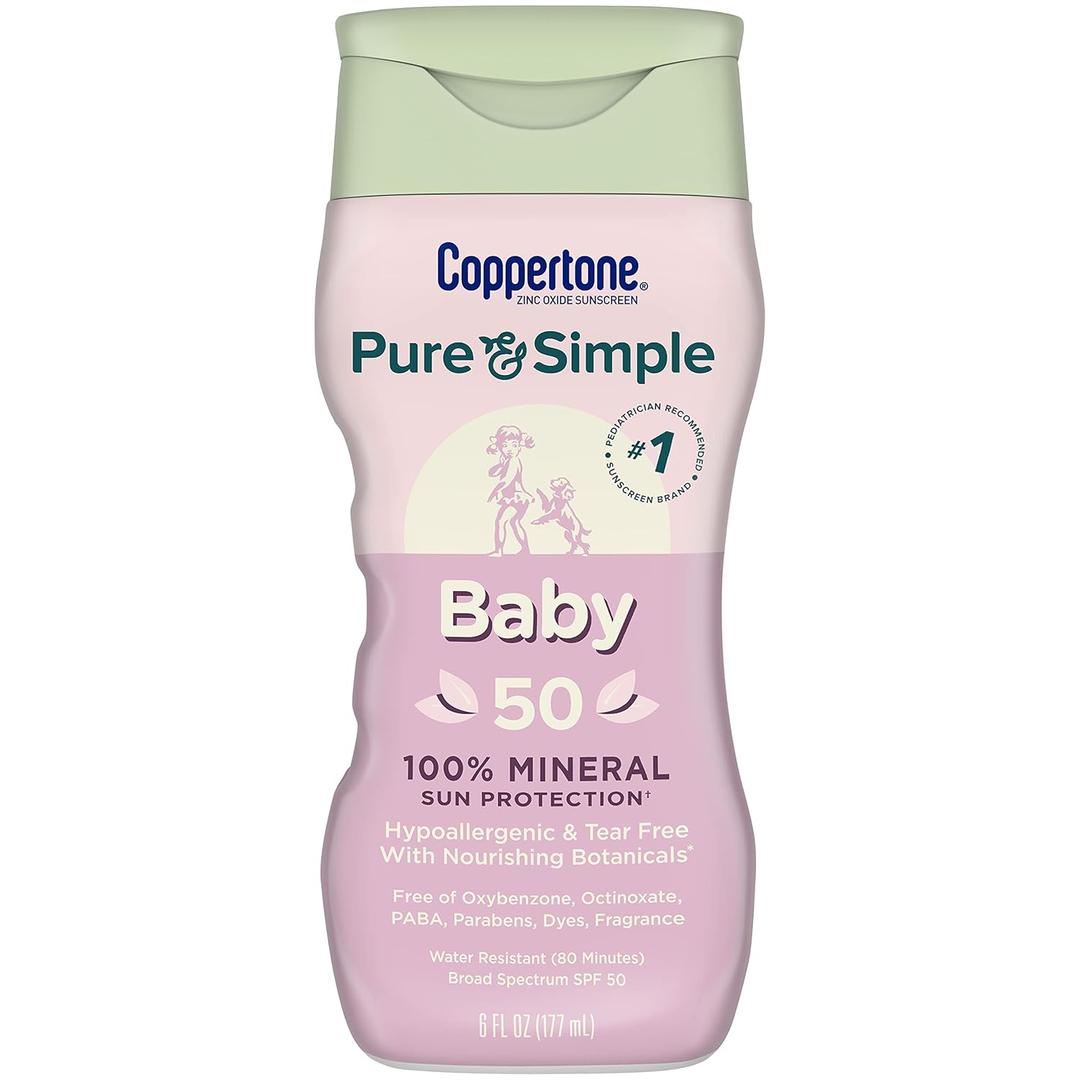 Coppertone Pure and Simple Baby Sunscreen Lotion SPF 50, Broad Spectrum Sunscreen for Baby, 6 Fl Oz Bottle