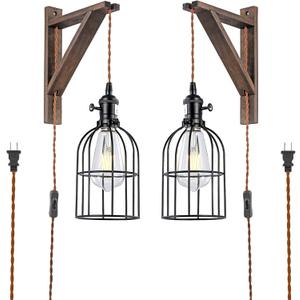 SEEBLEN Wooden Plug in Pendant Light Set of 2 - Farmhouse Wall Sconces with with Plug in Cord, Plug in Hanging Lamps for Bedroom, 6.5FT Brown Cord & Switch, Rustic Wood Wall Lamp That Plug into Outlet