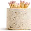 WORHE Travertine Stone Match Holder with Striker & Extra Striker Pad - 2.6" x 2" Decorative Matchstick Organizer for Fireplace, Candles, Parlor Cute Match Jar for Home Decor Gift, Matches Not Included