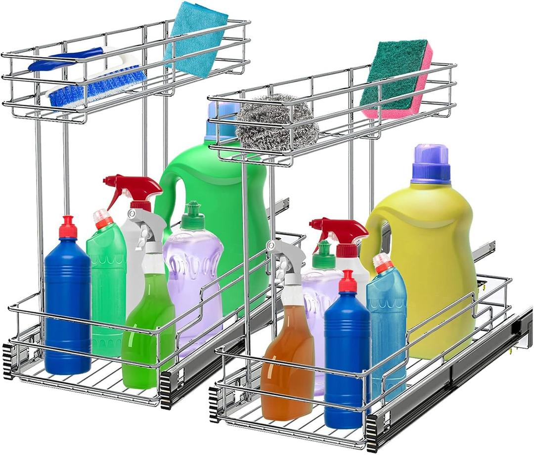 Under Sink Organizer 2 Packs, Pull Out Cabinet Organizer 2 Tier, Under Sink Slide Out Organizer Chrome Plated, Under Kitchen Bathroom Sink Organizer, Pantry Cabinet Closet Organization Rack, 9"W X17"D