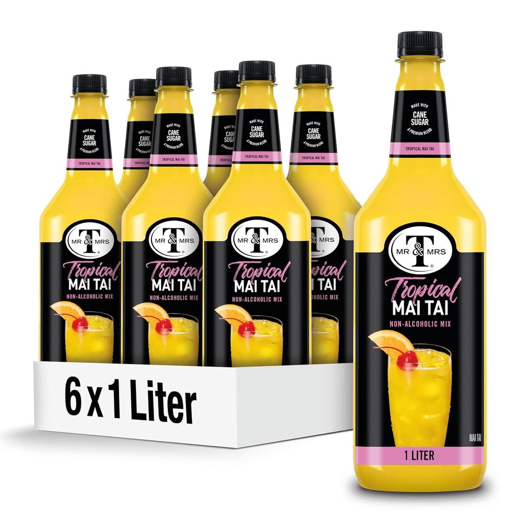 Mr & Mrs T Mai Tai Mix, 1 L bottle (Pack of 6), Tropical Citrus Blend Flavored Cocktail Mixer, Made with Cane Sugar, Perfect for Traditional Mai Tai and Mocktail Drinks (EXP 02/26/27)