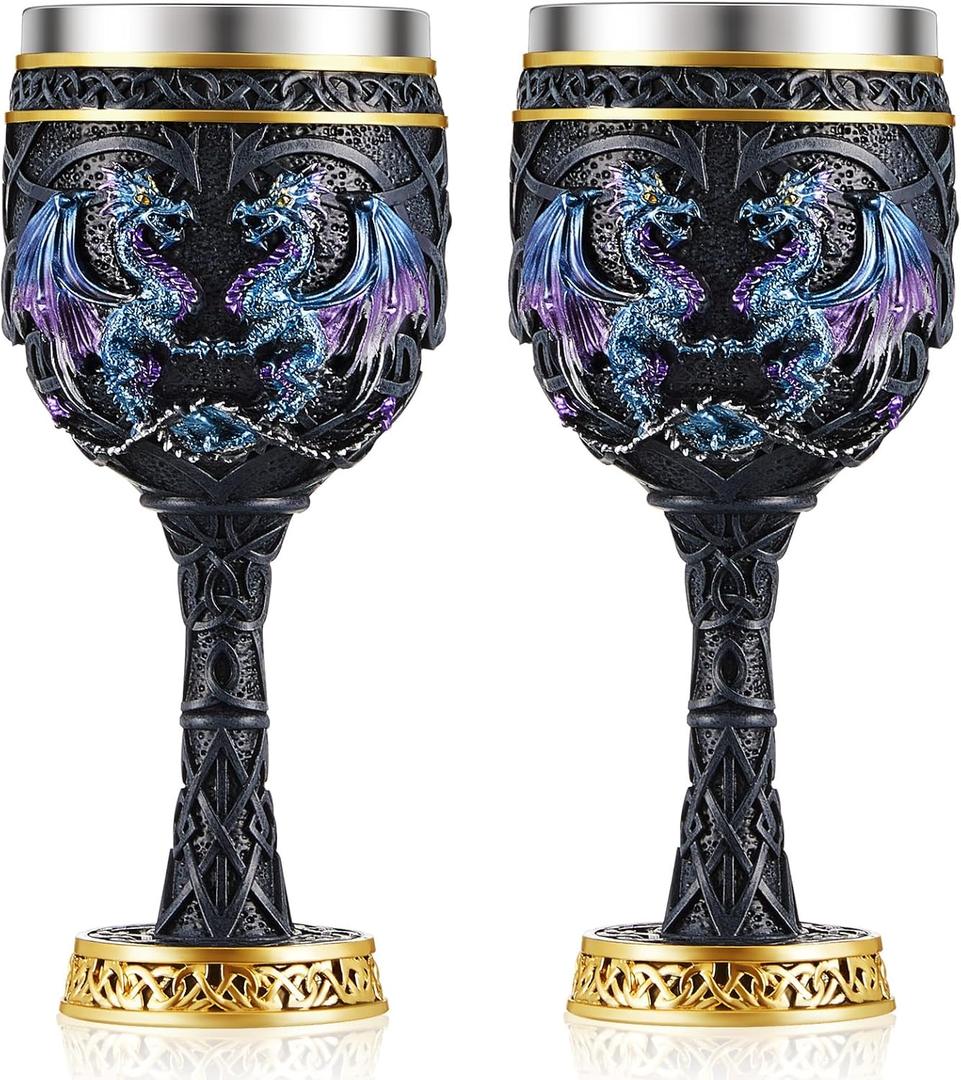 Jinei 2 Pcs Medieval Cups and Goblets Dragon Wine Goblet Chalice Goblet 7 oz Resin Dragon Cup Gothic Wine Glass Romantic Stainless Steel Drinking Cup for Medieval Party Decorations(Antique) (Charming Style, Stylish Color)