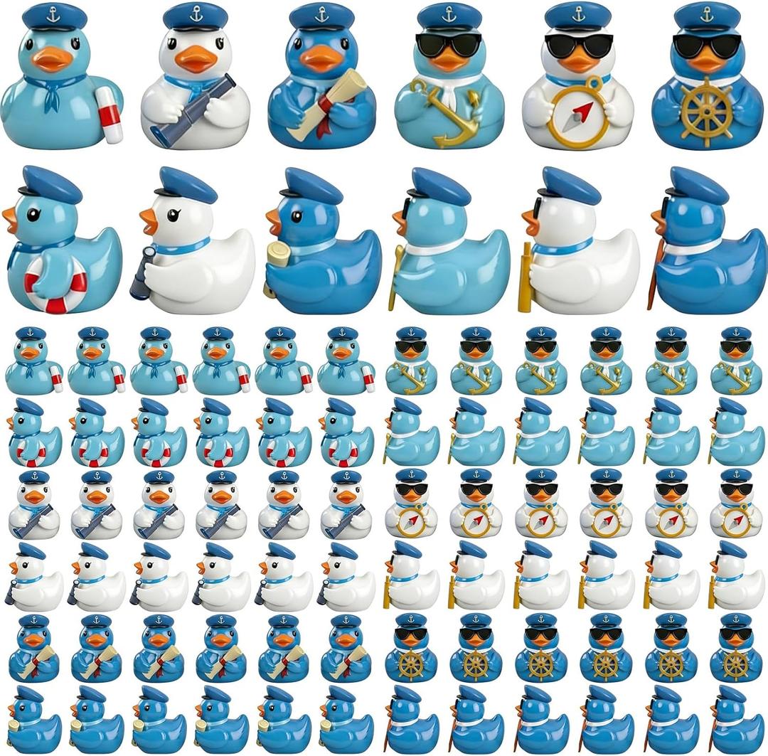 72 Pcs Mini Sailor Cruise Ducks Bulk for Hiding Tiny Resin Blue Cruise Ducks Miniature Sailor Duck Figurines for Ship Nautical Birthday Carnival Party Favors Gift Decoration