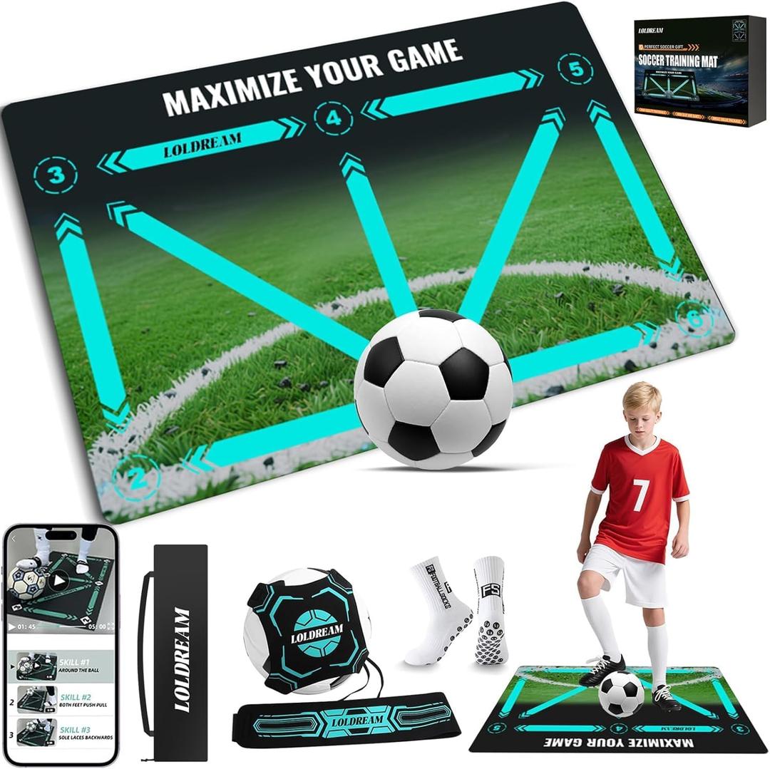 Soccer Training Mat With Technique Video Soccer Training Equipment Includes Football Trainer And Grip Socks Soccer Gifts Improve Coordination Anti-Slip Silent Absorption Mat For Footwork Training (Classic Style)