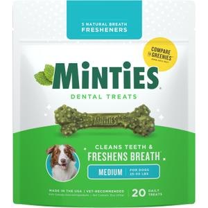 Minties Dental Chews for Dogs, 20 Count, Vet-Recommended Mint-Flavored Dental Dog Treats for Medium Sizes 25-50 lbs, Bones Clean Teeth, Fight Bad Breath, and Removes Plaque and Tartar, BBD: 12/06/2027