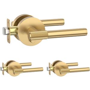 Amerdeco 3 Pack Privacy Knurled Champagne Bronze Door Handles Interior with Lock, Heavy Duty Door Lever for Bedroom or Bathroom, Reversible Keyless for Left Right Handed Doors