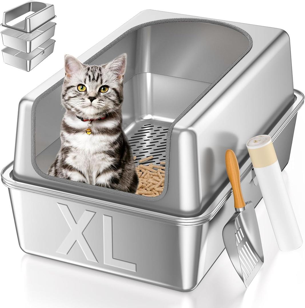 XL All Stainless Steel Sifting Litter Box with Lid,Sifting Cat Litter Box for Wood Pine Pellets,High Sides Sifter Litter Pan System,Odor Control,Easy to Clean,with Liners and Scoop, Silver 