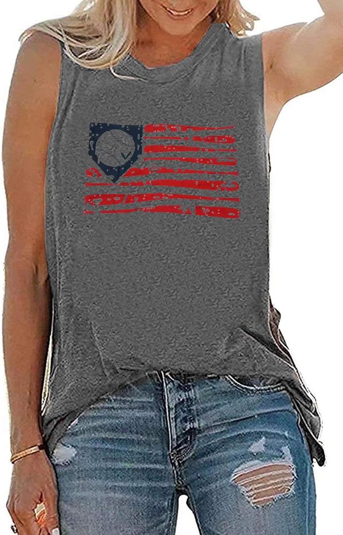 Baseball Tanks Top Women America Flag Baseball Graphic Vests Casual Sleeve Baseball Game Shirt (Gray, XXL)