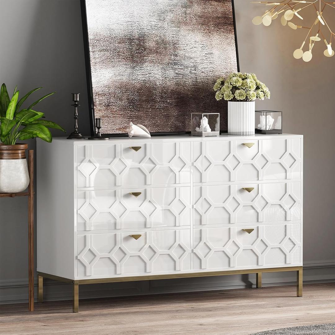 Clihome 6 Drawer Double Dresser, Sideboard Console Table Wood Storage Dresser Cabinet for Closet 6-Drawer for Living Room, Home Office, Entryway, White