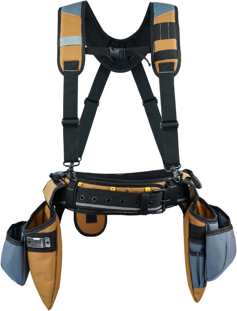 KUNN Carpenter Tool Belt with Suspenders Pro Framer Suspension Tool Rig for Construction Contractors and Electrician,Khaki, Full Size
