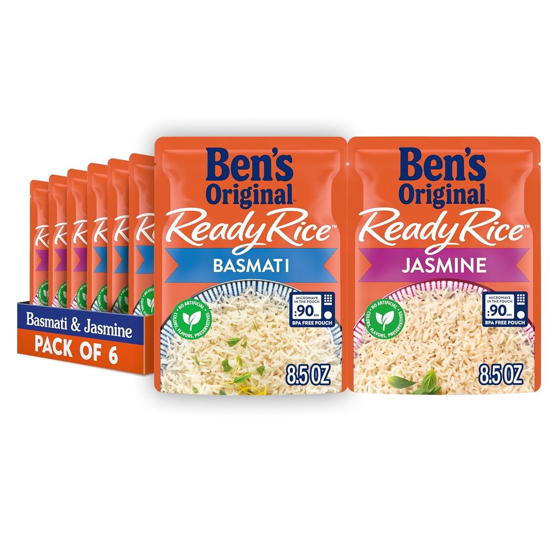 BEN'S ORIGINAL Ready Rice Basmati and Jasmine Rice Variety Pack, Easy Dinner Sides, 8.5 OZ Pouch (Pack of 6), 
BB Date 01 2027