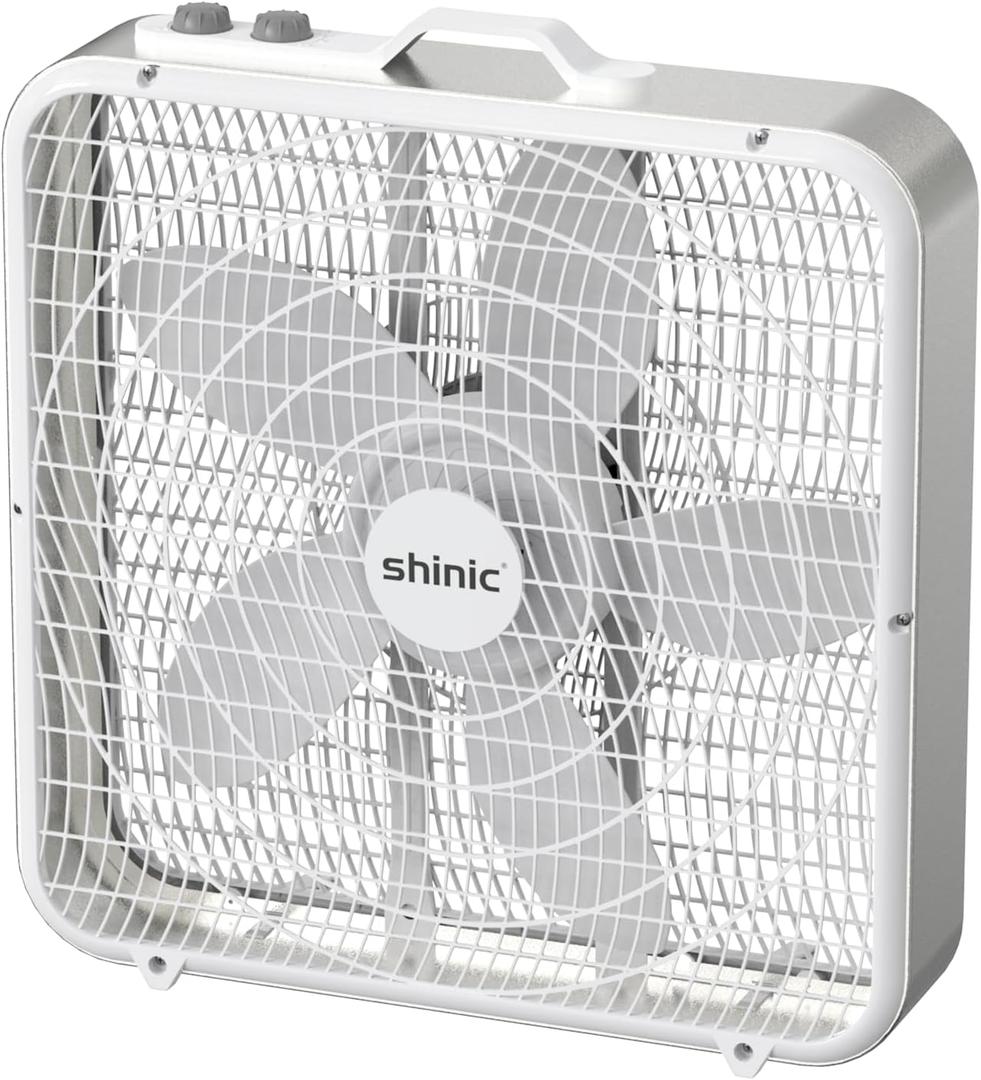 shinic 20” Box Fan with Thermostat for Bedroom, 3-Speed Portable Floor Fan with Carry Handle, Powerful Airflow, 5 Blades, Window Fan and Cooling Fan for Home, Office, Garage, Basement, White