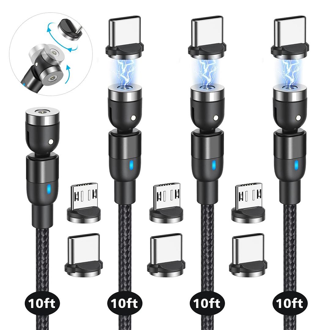 CJOY Magnetic Charging Cable Pack (4 x 10ft), 540 Rotation USB Nylon Braided Magnetic Phone Charger for Type C, Micro USB