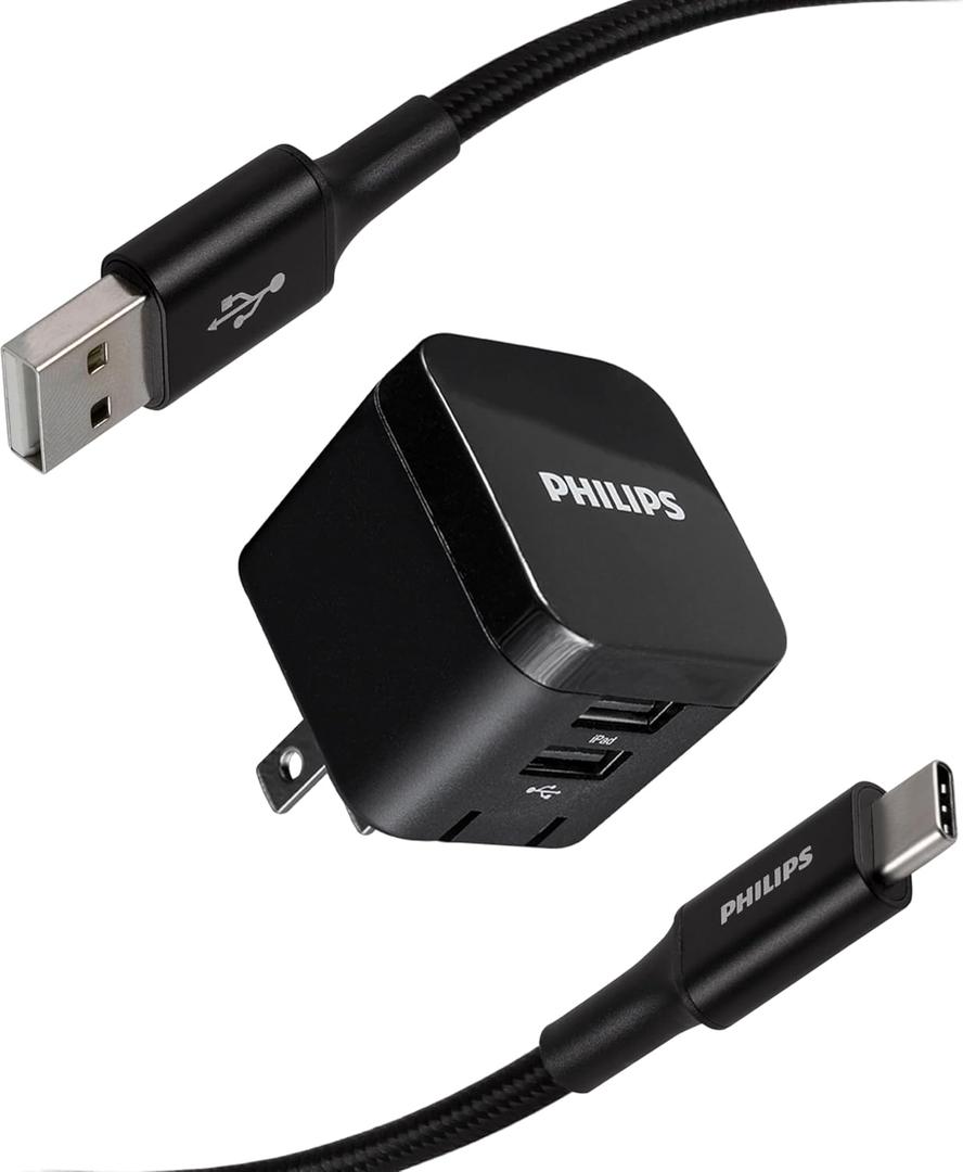 Philips USB Wall Charging Kit, 12W USB A Charger Block with 6ft USB A to USB C Braided Cord, Dual Port USB A Cube for iPhone 16 Series, 15 Series, iPad Pro, Foldable Plug Charging Box, DLP6212C/37
