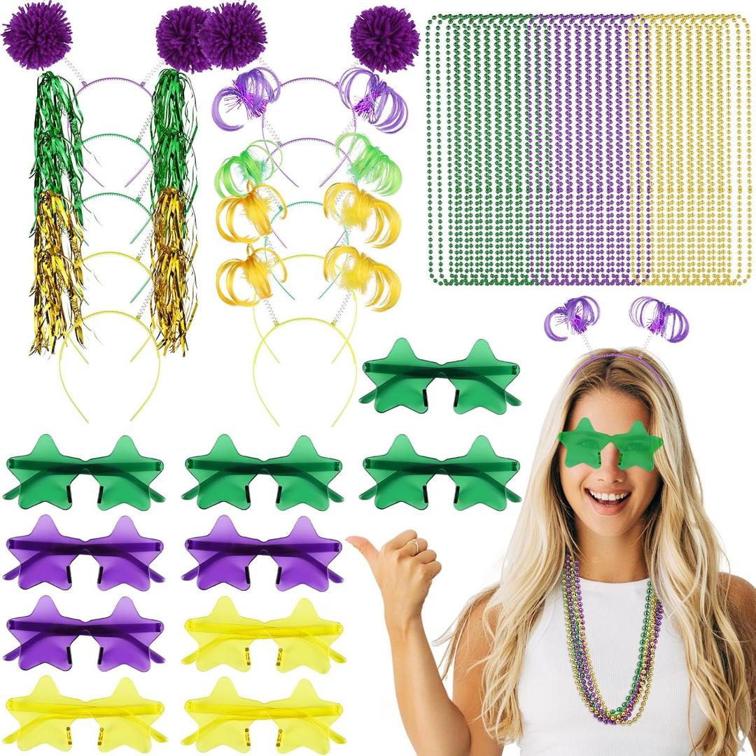 50 Pcs Holiday Gold Green Purple Team Spirit Accessories Pom Pom Party Headbands Star Shape Sunglasses Bead Necklaces Stuff Favors for Birthday Carnival Supplies