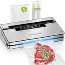 Bonsenkitchen Vacuum Sealer Machine, Stainless Steel Food Sealer Vacuum Sealers with 1 Roll & 5 Bags, 5 Food Vacuum Modes, Built-in Cutter & Bag Storage (Silver Black)