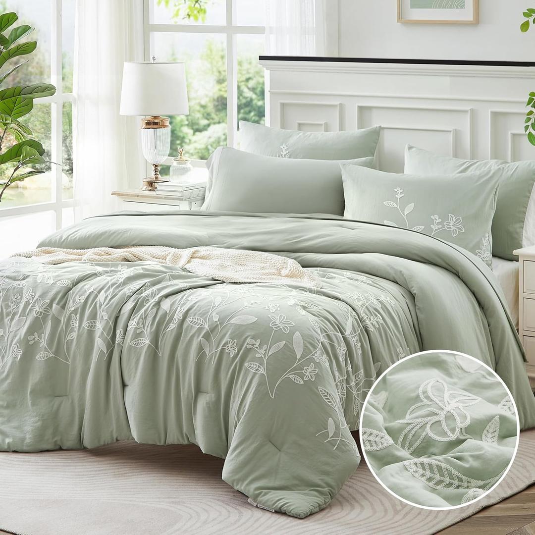 MaiRve Embroidery Comforter Sets Green Twin Size, Farmhouse Floral Twin Bedding Sets 5 Pieces, Warm Fluffy All Season Bed Set and Comforter Sets(Green, Twin,66"x86")