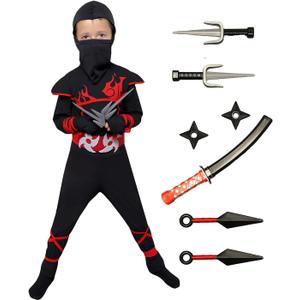 Kids Ninja Halloween Costume with Full Accessories, Ninja Outfit Dress Up Set, Halloween Costume (M (8-10 YRS))