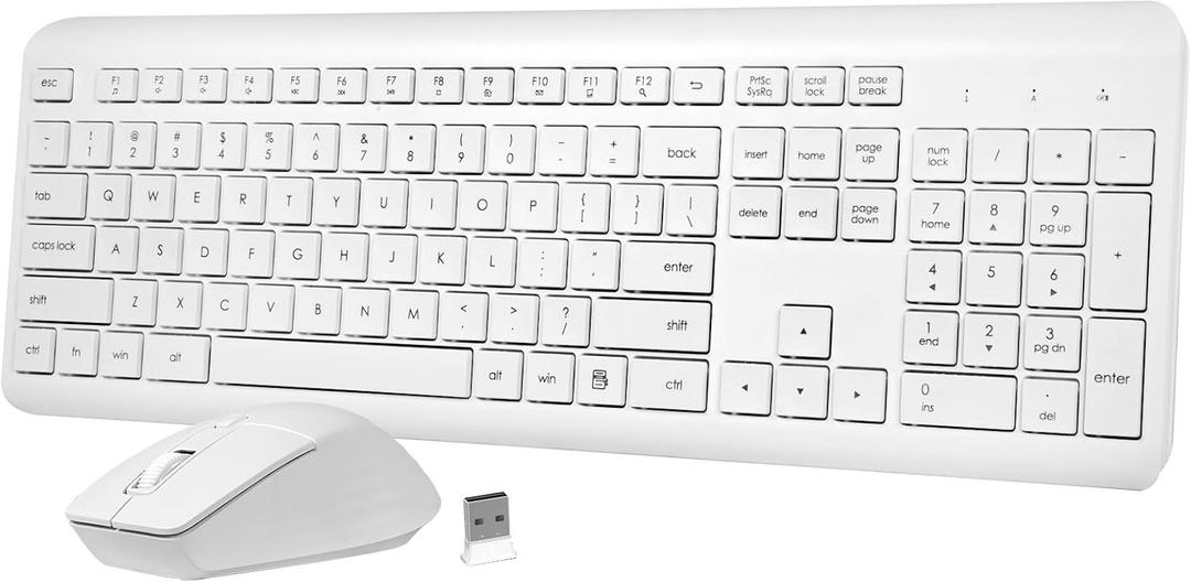 Wireless Keyboard and Mouse Combo, 2.4G Lag-Free Full Size Keyboard with Quiet Low Profile Concave Keys and Adjustable DPI Optical Mouse, Long Battery Life for PC, Windows, MAC Laptop (White)
