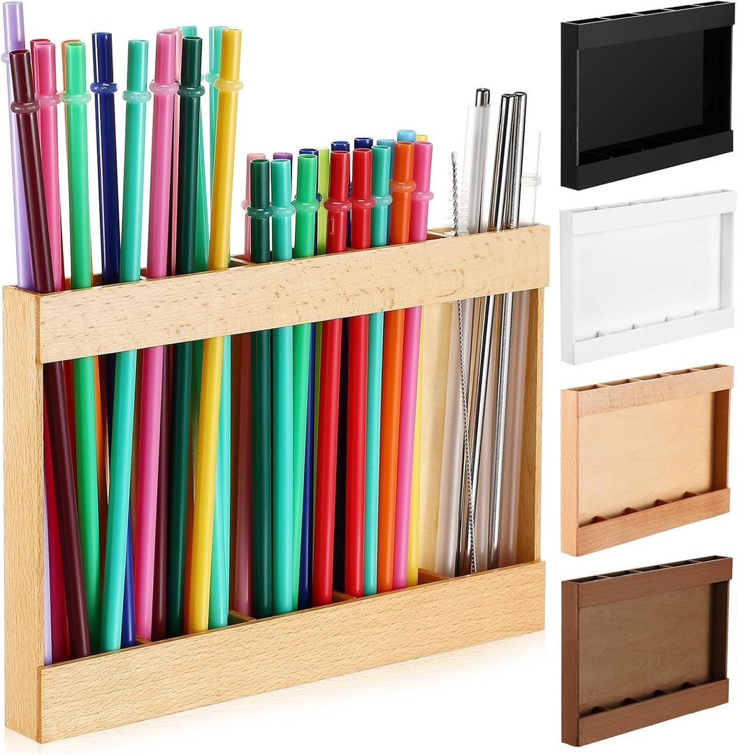Wooden Straw Holder with Double Sided Adhesive Tape Tumbler Straw Organizer for Cupboard Reusable Tumbler Storage Container for Kitchen Counter(Wood Color)