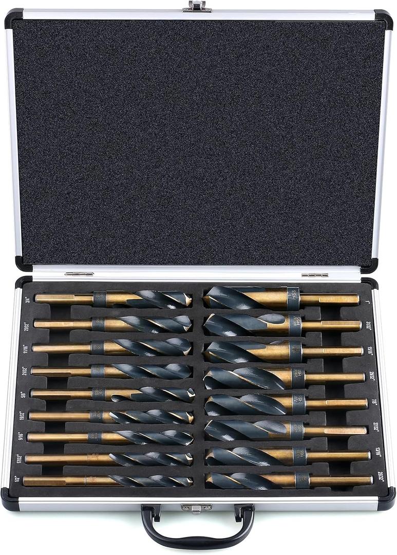 EFFICERE 17-Piece Premium 1/2 Reduced Shank Silver and Deming Drill Bit Set | Large and Jumbo Standard SAE Drill Size from 1/2 to 1 by 1/32th Increment | M2 High Speed Steel, 135-Degree Split Point
