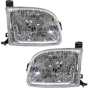 Headlight Assembly Fit For 2001 2002 2003 2004 Toyota Tundra Chrome Housing Clear Lens Halogen Headlamp Driver and Passenger Side TO2502129 TO2503129 811100C010 811500C010