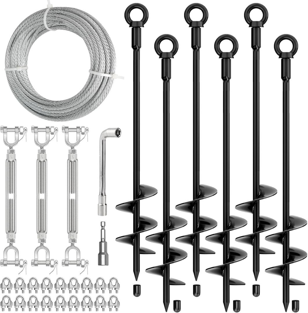 30" Ground Anchors Shed Anchors Kit with 3/16" 75FT Galvanized Cable & M6 304 Stainless Steel Turnbuckles, Heavy Duty Earth Anchors for Sheds Trees Trampoline Greenhouse Swing Set Tent, 6Pack Black (6pcs)
