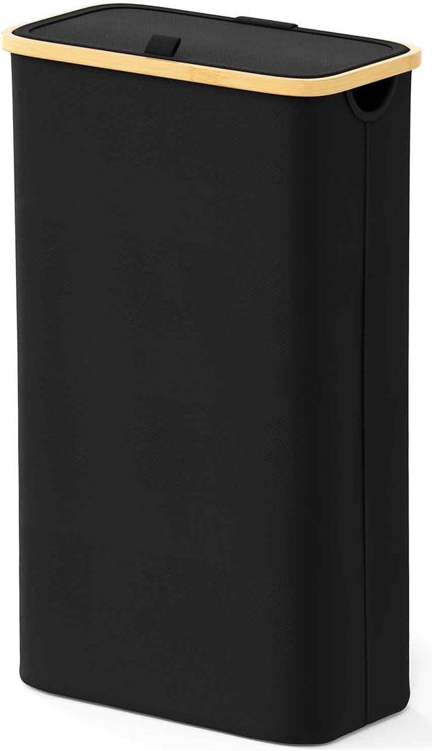 Slim Laundry Hamper with Lid, 65L Narrow Clothes Basket Bin with Bamboo Handles, Skinny Tall Collapsible Hamper for Bedroom, Bathroom, Dorm, Laundry Room - Black