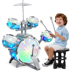 LeeQee Drum Set for Kids 3, Jazz Drumset for Toddler 3-5 Vibrant Aurora Light with 5 Pcs High Drums, Musical Instruments Toy for Age 5-7 Year Old Boys Girls