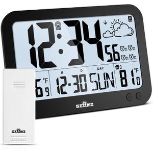 Atomic Clock,10" Digital Clock Large Display, Wall Clocks Battery Operated with Backlight, Wireless Outdoor Sensor, Alarm Clock Indoor Outdoor Temp, 4 Time Zones, Auto DST, Clock for Bedroom (Black)