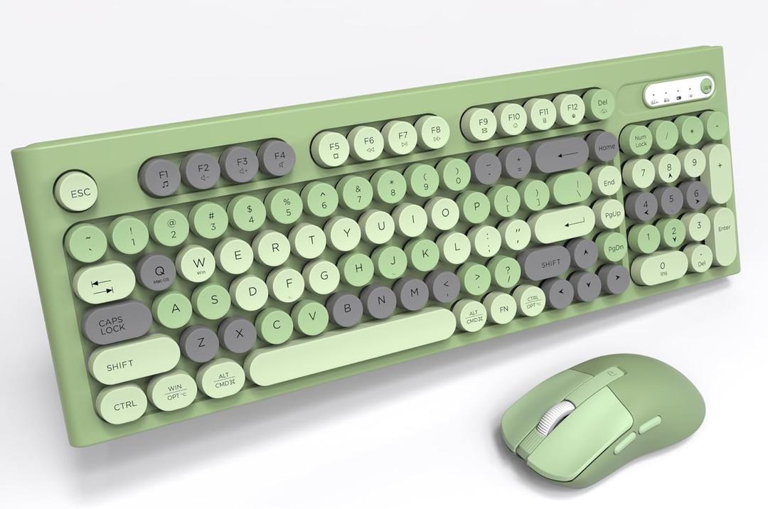 Wireless Keyboard Mouse Combo, Full Size Colorful Round Keycaps Bluetooth Keyboard with Numeric Keypad, Silent 2.4GHz Mouse, Typewriter Computer Keyboard and Mouse Set for Laptop, PC, Windows (Green)