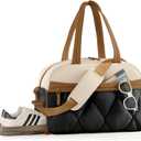 Gym Bag for Women, Puffer Travel Duffle Bag With Shoes Compartment & Wet Pocket, Carry On Tote Bag For Weekender, Overnight, Sport (Beige & Brown, Large)