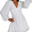 Lantern Long Sleeve Flowy Summer Backless Mini Sundress for Women 2023 Casual V Neck Cut Out Empire Waist Skater Dresses (Large, White)