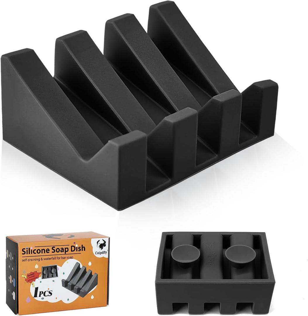 Soap Dishes, Upgrade Suction Silicone Shower Soap Dish with Drianage, Bar Soap Holder & Saver Waterfall Self-Draining to Keep Your Bar Soap Organized and Clean (Black)