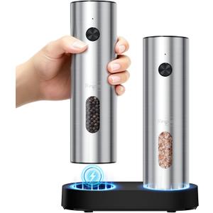 Ringco Electric Salt and Pepper Grinder Set with Charging Base, Rechargeable Salt and Pepper Mill with Adjustable Coarseness, LED Light, 110ml Large Capacity for Kitchen, Outdoors, Gifts for Women (Stainless Steel)