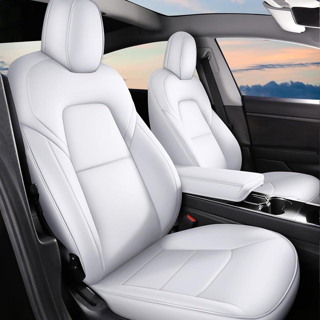 AOMSAZTO Car Seat Cover for Tesla Model Y 2020 2021 2022 - Full Set Customized White Seat Covers (with Armrest Cover)