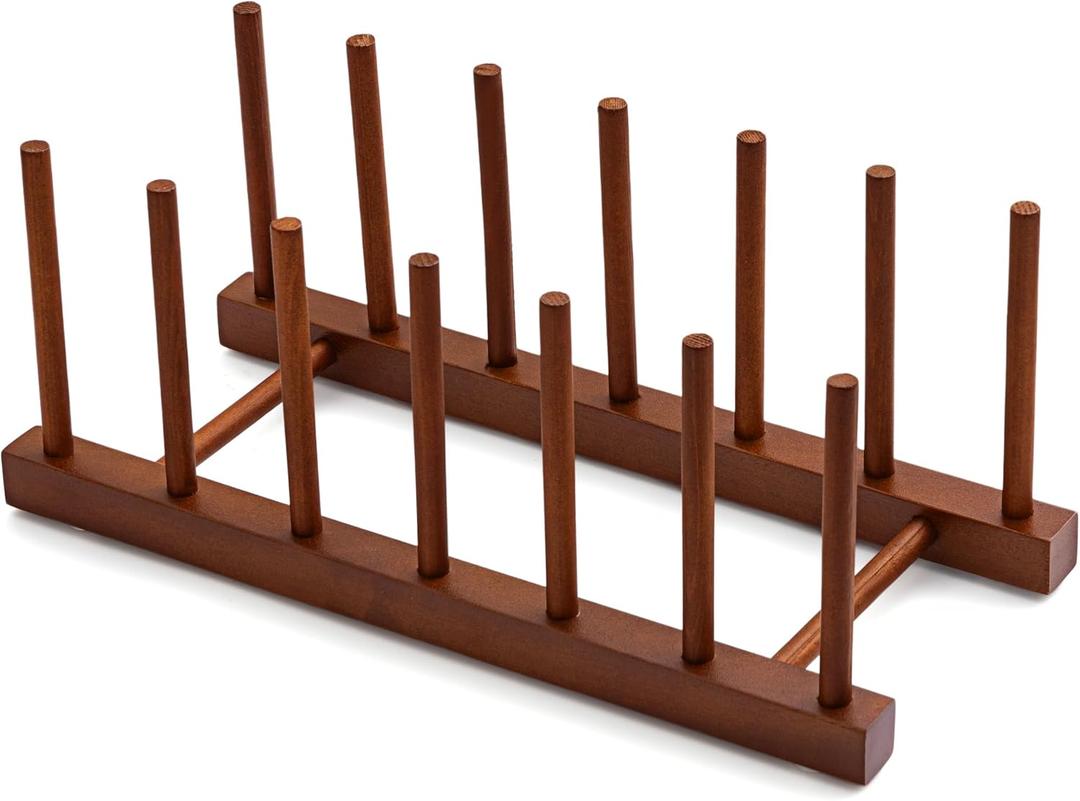 HBlife 6 Slots Teak Dish Plate Bowl Cup Book Pot Lid Cutting Board Drying Rack Stand Drainer Storage Holder Organizer Kitchen CabinetKeep Dry