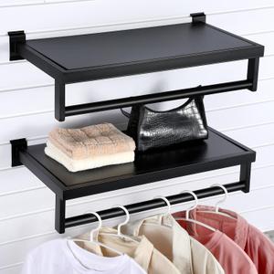 2 Packs Black Slatwall Shelf Clothes Rack with Top Shelf with Metal Rectangular Tubing U Shaped Handrail Hanger Slatwall Shelving Organizer Accessories for Home Room Garage Retail Display