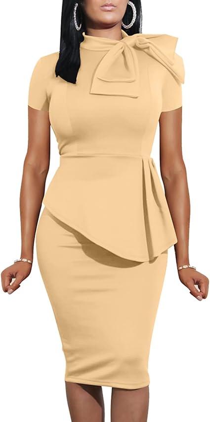 Women Fashion Peplum Bodycon Short Sleeve Bow Club Ruffle Pencil Party Dress XL