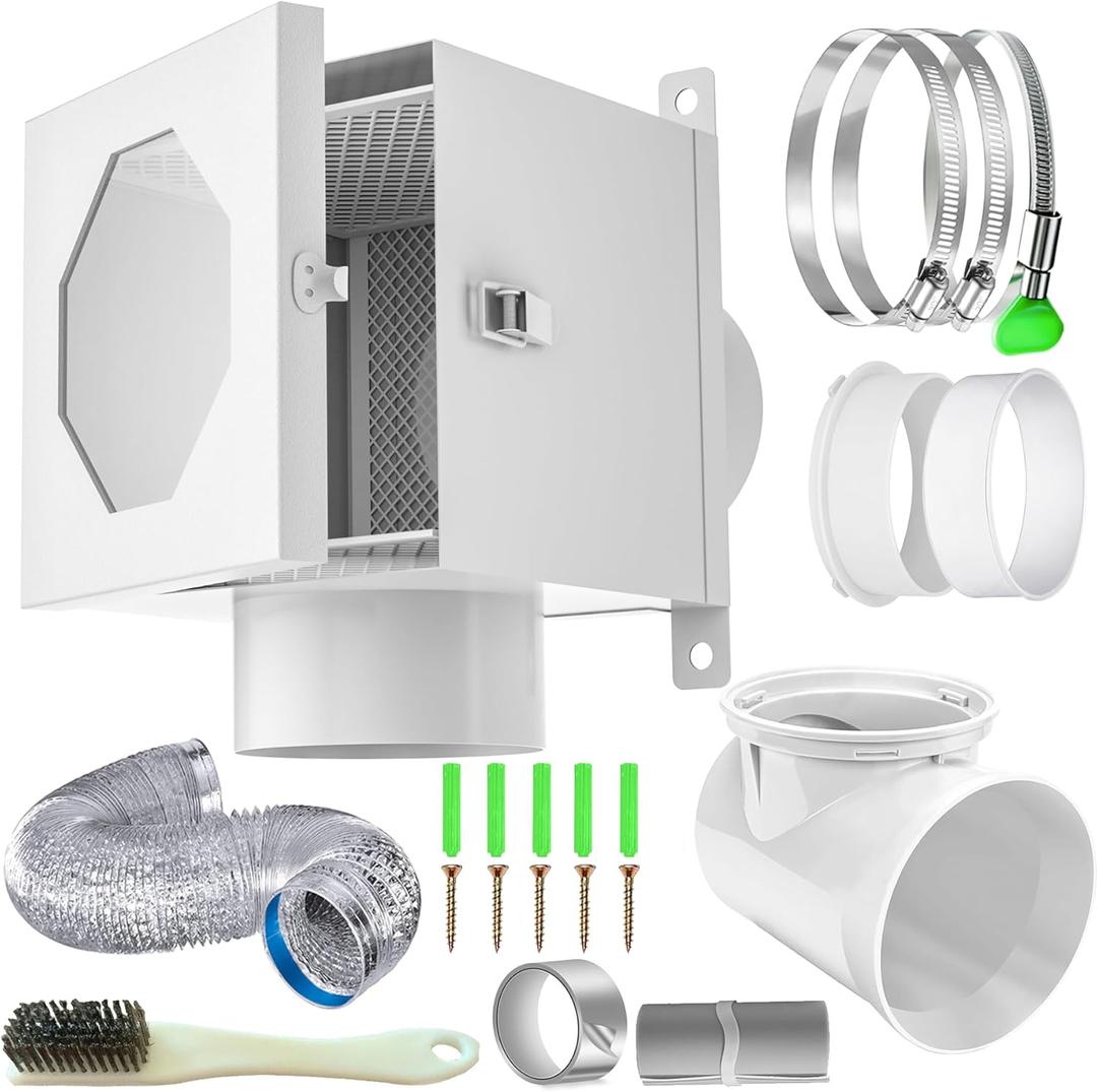 Dryer Lint Trap, Indoor Dryer Vent Kit with Lint Catcher, Metal Dryer Duct Lint Trap with 90 Degree Dryer Vent Elbow, Easy Clean Filter, Transparent Door & Clamps Aluminum Foil Tape Cleaning Brush